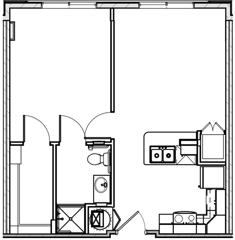 A black and white drawing of a floor plan with various rooms and objects.